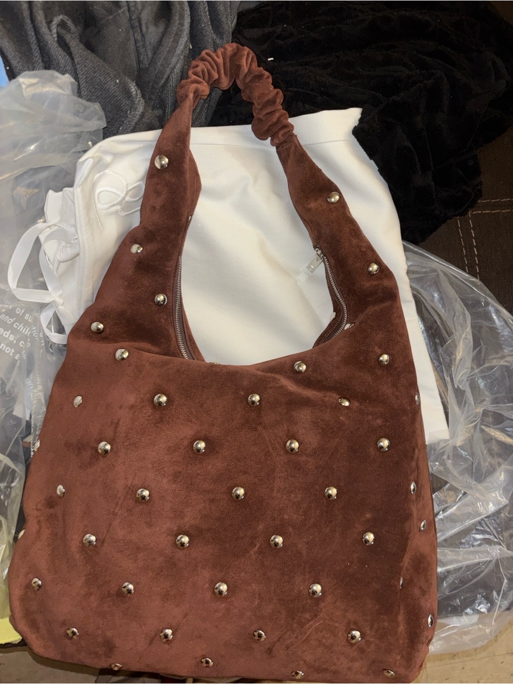 Brown Suede Studded Hobo Bag - Women's Shoulder Tote